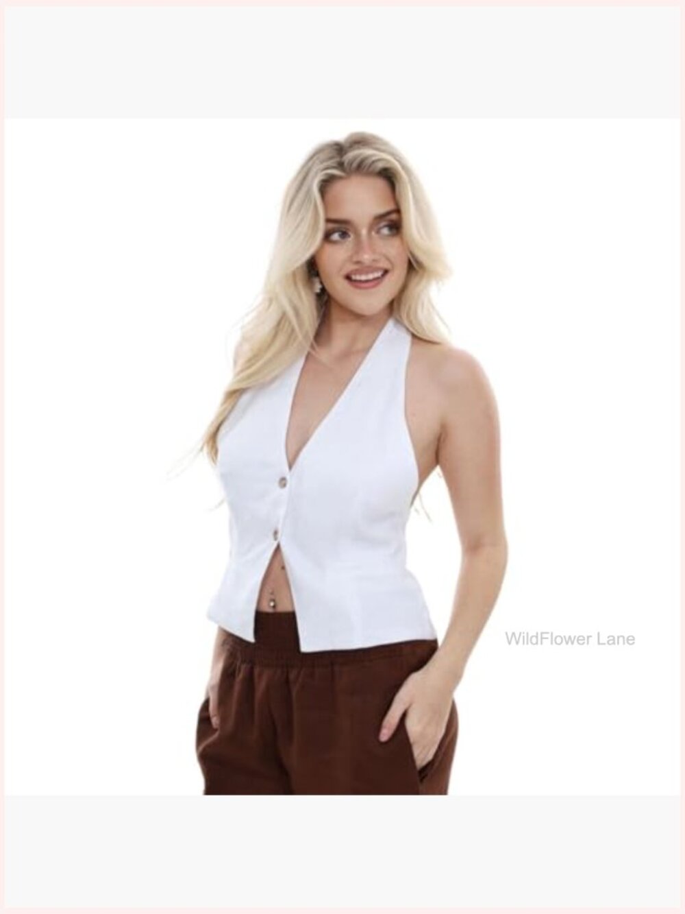 Linen Halter Backless Vest Sleeveless Button Front Top Women's Waistcoat - Picture 2 of 7